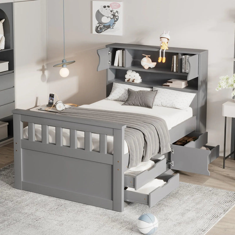 Captain Platform Bed Frame With Storage Bookcases, Shelves, And 4 Drawers by Unique Piece Furniture
