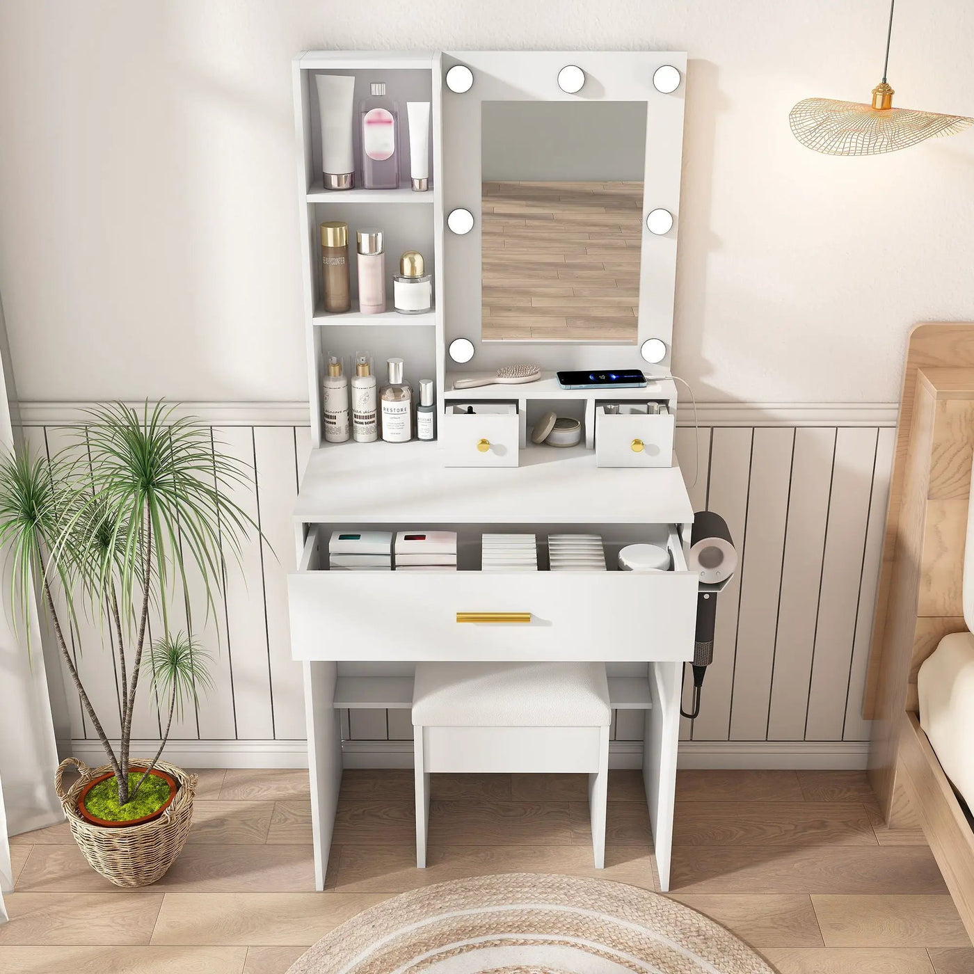 Vanity Table With Mirror, Adjustable LED Lights, Power Outlet, Hairdryer Holder & Stool by Unique Piece Furniture