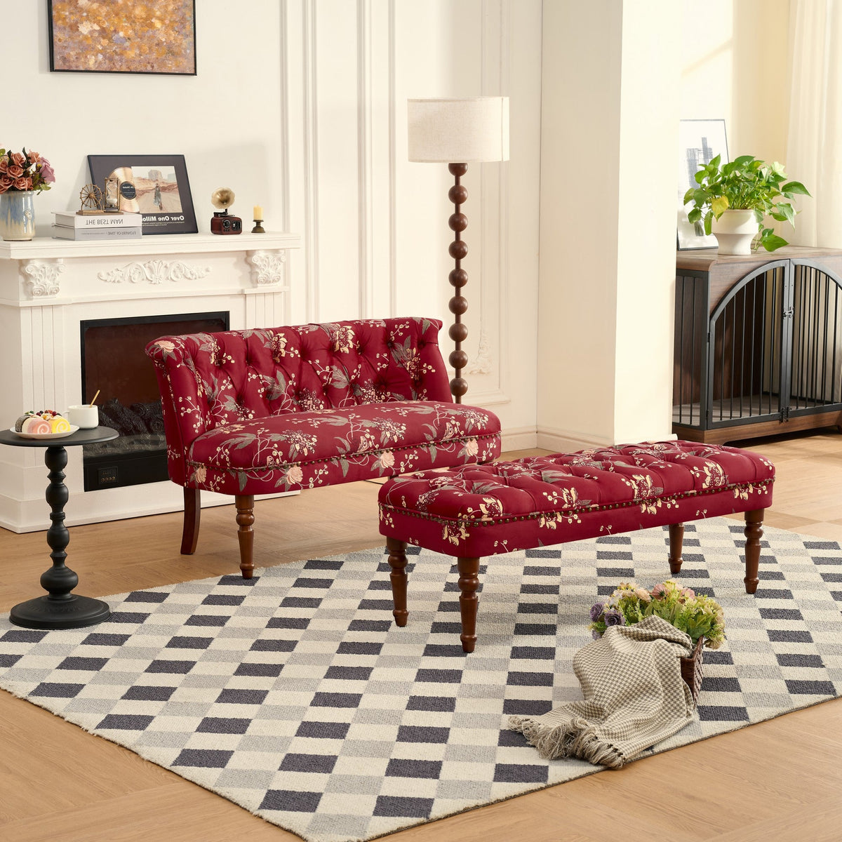 Floral Tufted Sofa Chair with Solid Wood Legs - Wine Red, Green, or Tiffany Blue