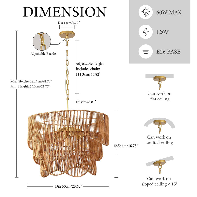 Handwoven Paper Rattan Boho Chandelier with 7-Light E26 Base by HouseOfZazla
