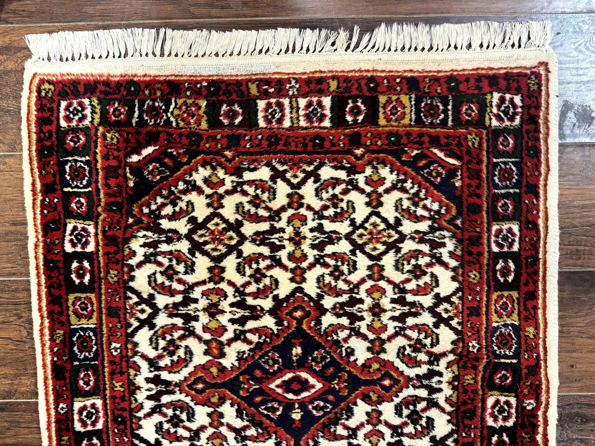 Indo Persian Bidjar Runner Rug 2.8 x 10, Vintage Rug for Hallway, 10ft Runner, Wool Handmade Ivory and Red, Medallions by Jewel Rugs