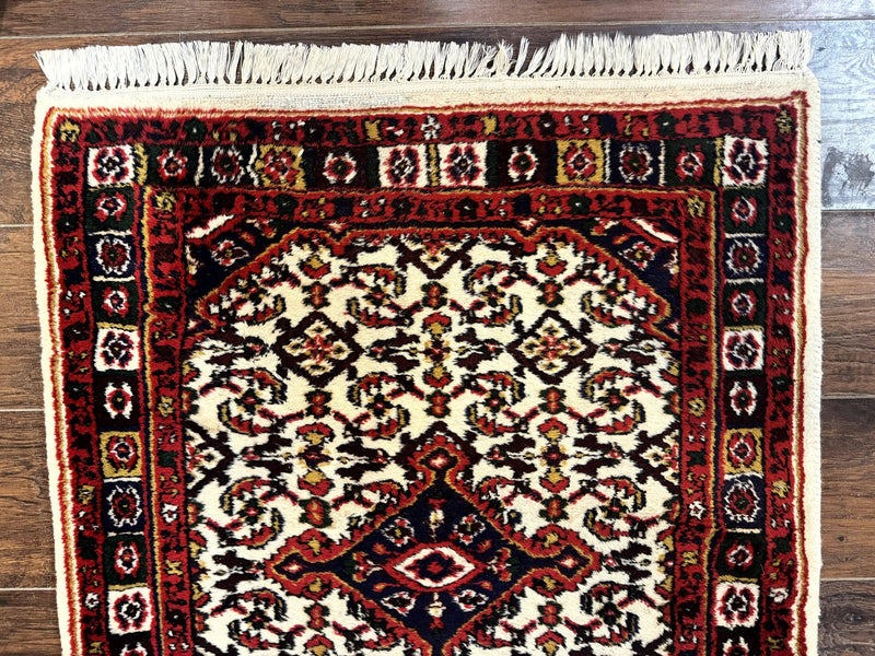 Indo Persian Bidjar Runner Rug 2.8 x 10, Vintage Rug for Hallway, 10ft Runner, Wool Handmade Ivory and Red, Medallions by Jewel Rugs