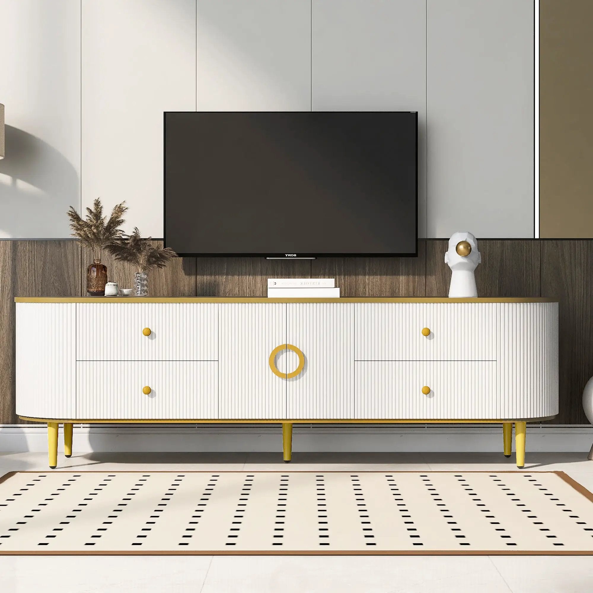 Modern TV Stand For TVs Up To 80", Entertainment Center With 4 Drawers And 1 Cabinet, Wood TV Console Table With And Handles For Living Room - White by HouseOfZazla