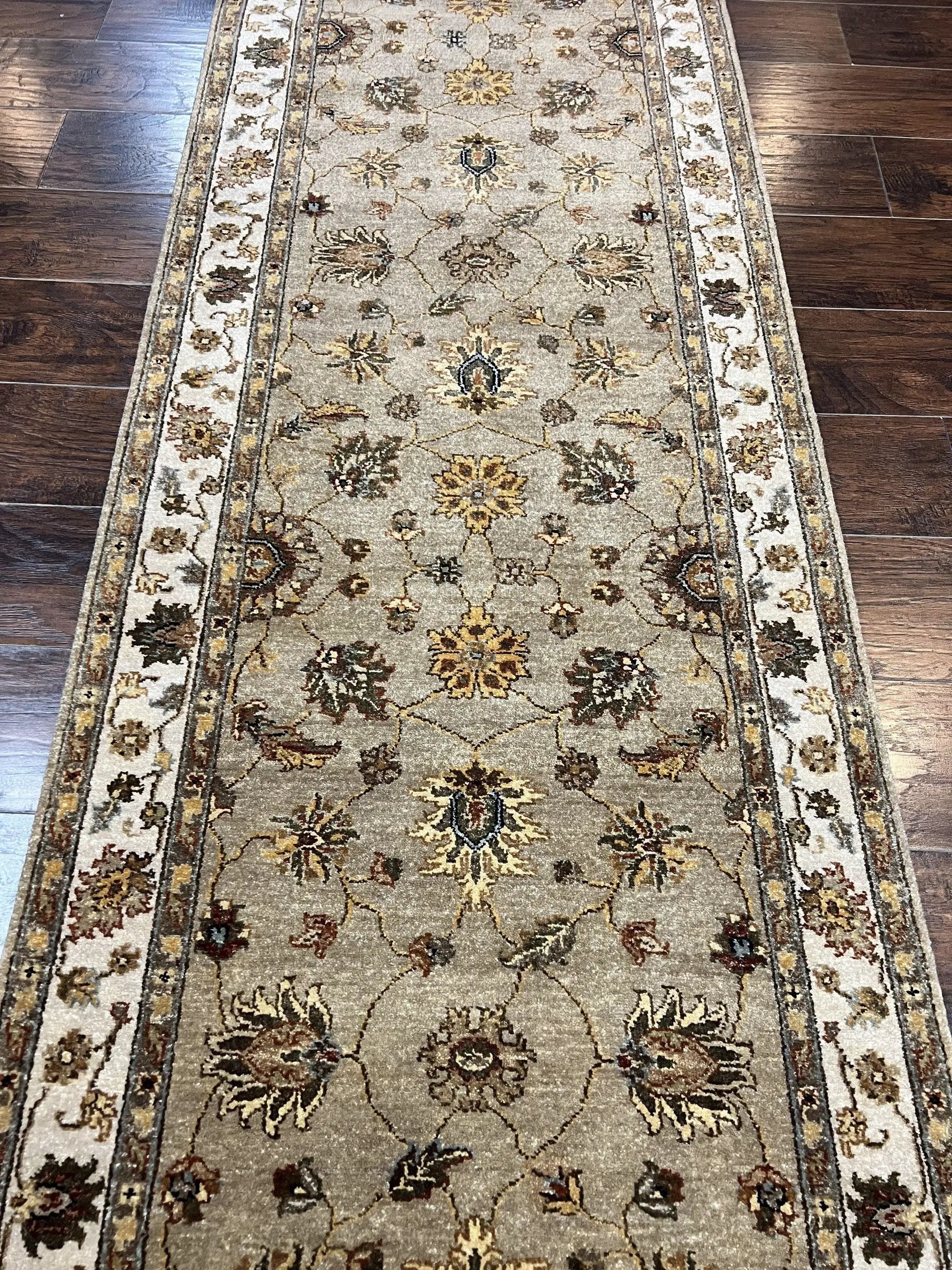 Peshawar Runner Rug 3 x 20, Wool Hand Knotted Vintage Pakistani Carpet, Olive Green & Ivory, Extra Long 20ft Hallway Runner, Floral by Jewel Rugs