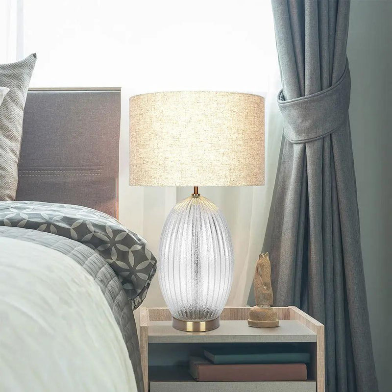 Aurora - Ribbed Lamp Base Clear Table Lamp Large Linen Shade - Beige / Clear / Gold by HouseOfZazla