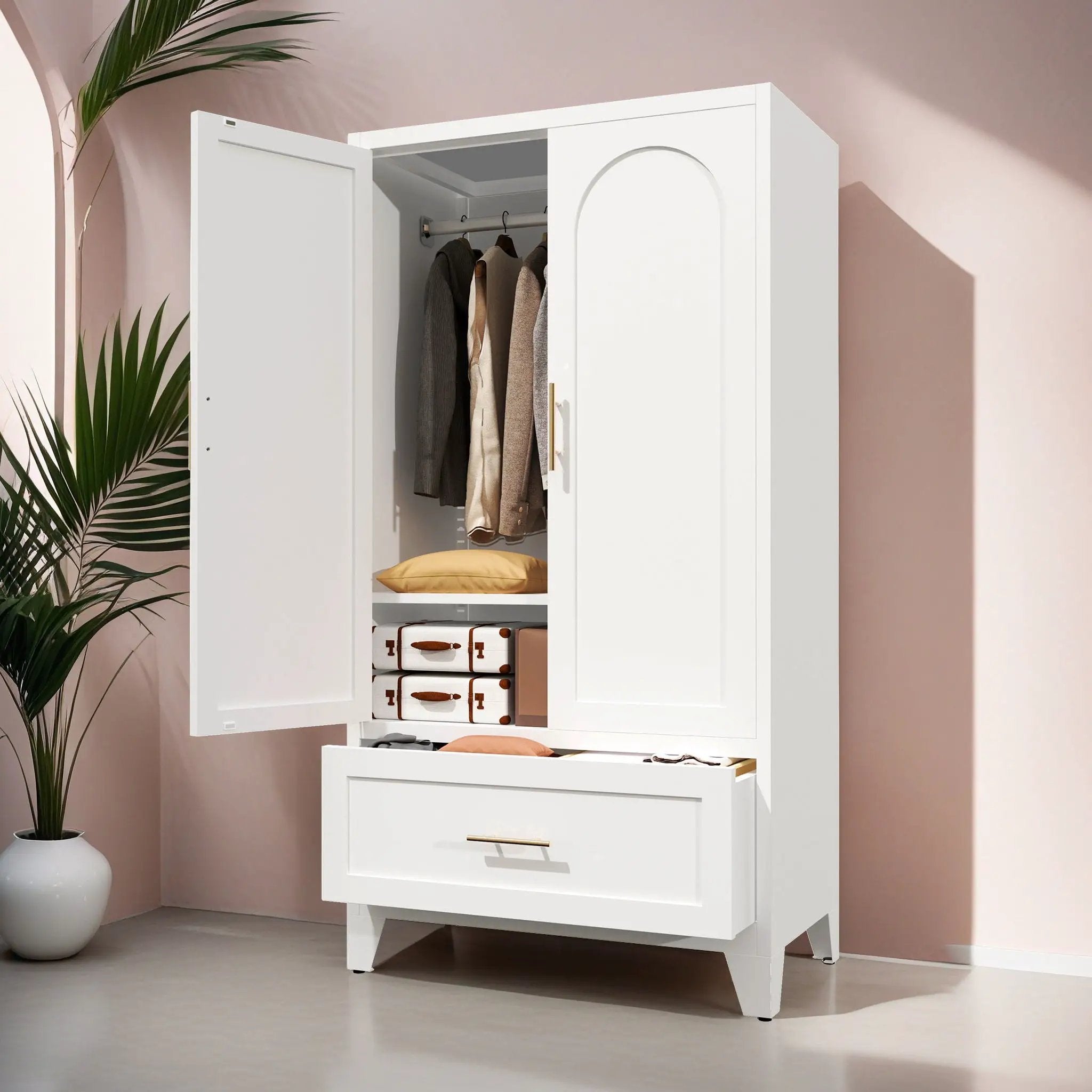 Wardrobe Cabinet With 1 Drawer And Hanging Rod, 2 Doors Closet With Shelf For Bedroom - White by Unique Piece Furniture