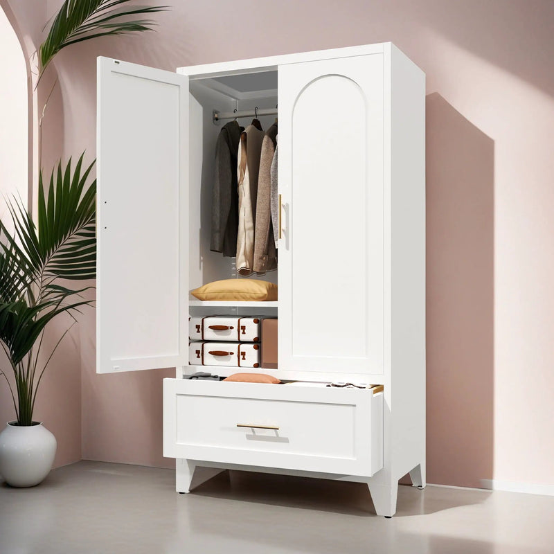 Wardrobe Cabinet With 1 Drawer And Hanging Rod, 2 Doors Closet With Shelf For Bedroom - White by Unique Piece Furniture