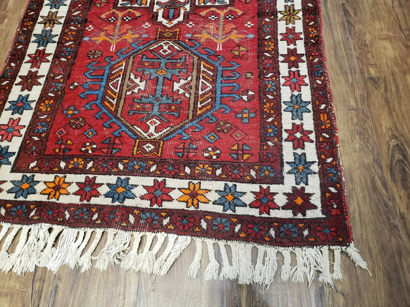 Antique Persian Heriz Karajeh Runner Rug 3x11, Hand-Knotted Red Geometric Medallions by Jewel Rugs