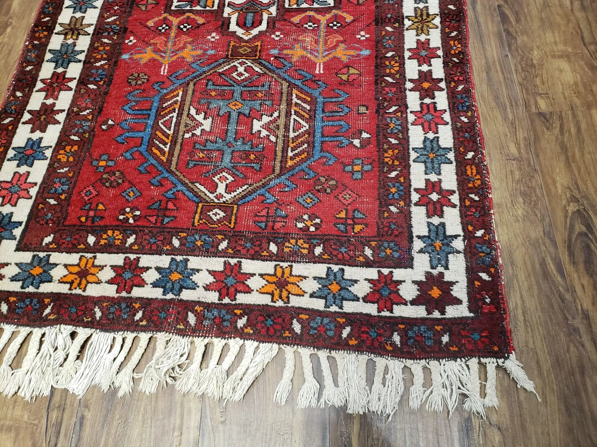 Antique Persian Heriz Karajeh Runner Rug 3x11, Hand-Knotted Red Geometric Medallions by Jewel Rugs