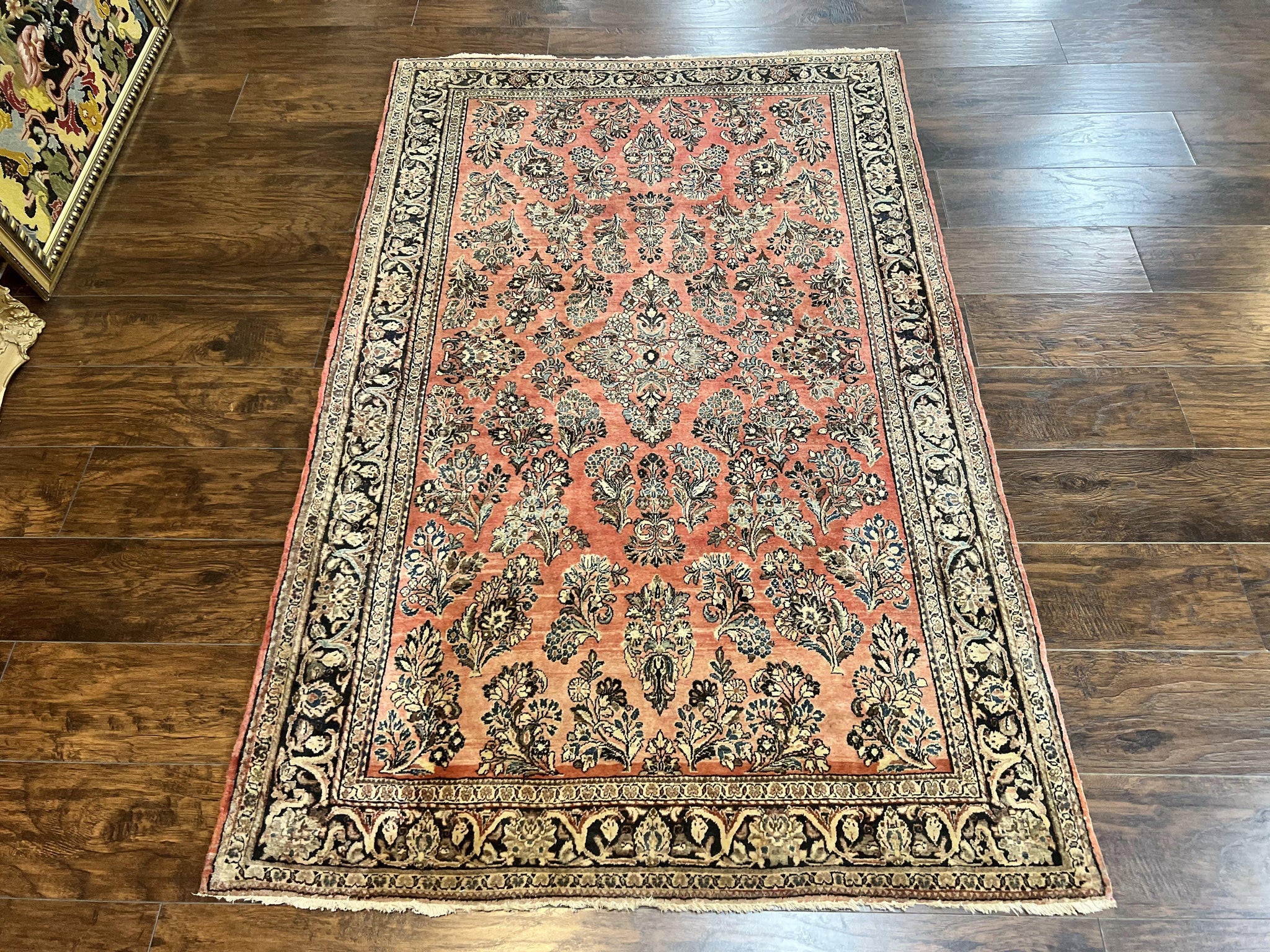 Antique Persian Sarouk Rug 4x7, Hand Knotted Wool Red Persian Carpet, Floral, Fine 300 KPSI by Jewel Rugs