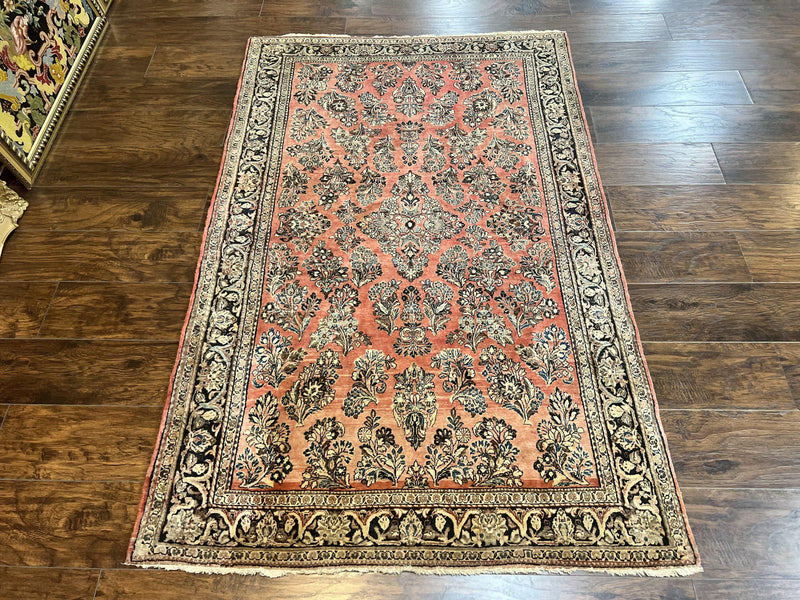 Antique Persian Sarouk Rug 4x7, Hand Knotted Wool Red Persian Carpet, Floral, Fine 300 KPSI by Jewel Rugs