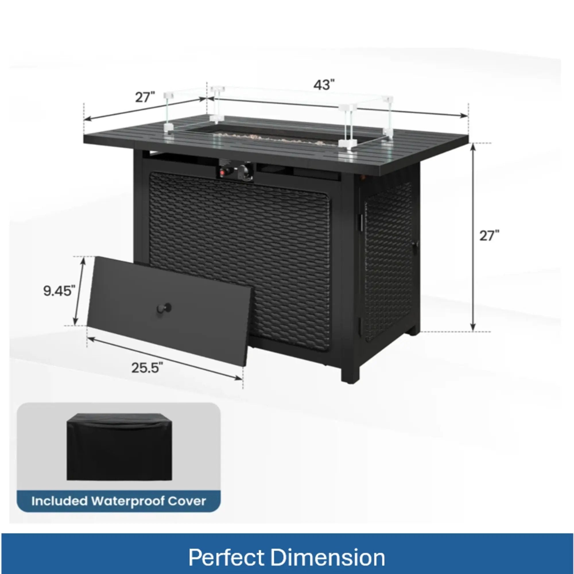 Outdoor 2 In 1 Propane Fire Pit Table With Lid & Glass Shield, Rectangular Fire Table, Lava Rock & Cover - Black by HouseOfZazla
