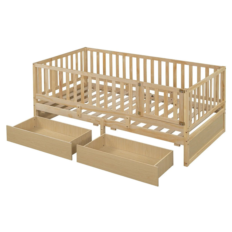 Daybed With Fence Guardrails And 2 Drawers, Split Into Independent Floor Bed & Daybed by HouseOfZazla