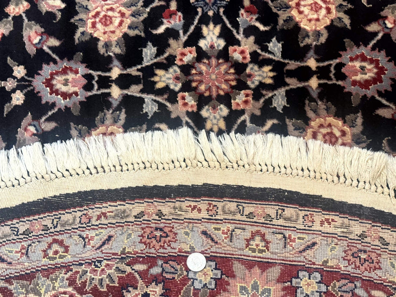 Round Sino Persian Rug 6x6, Floral, Navy Blue and Red, Wool and Silk Highlights by Jewel Rugs