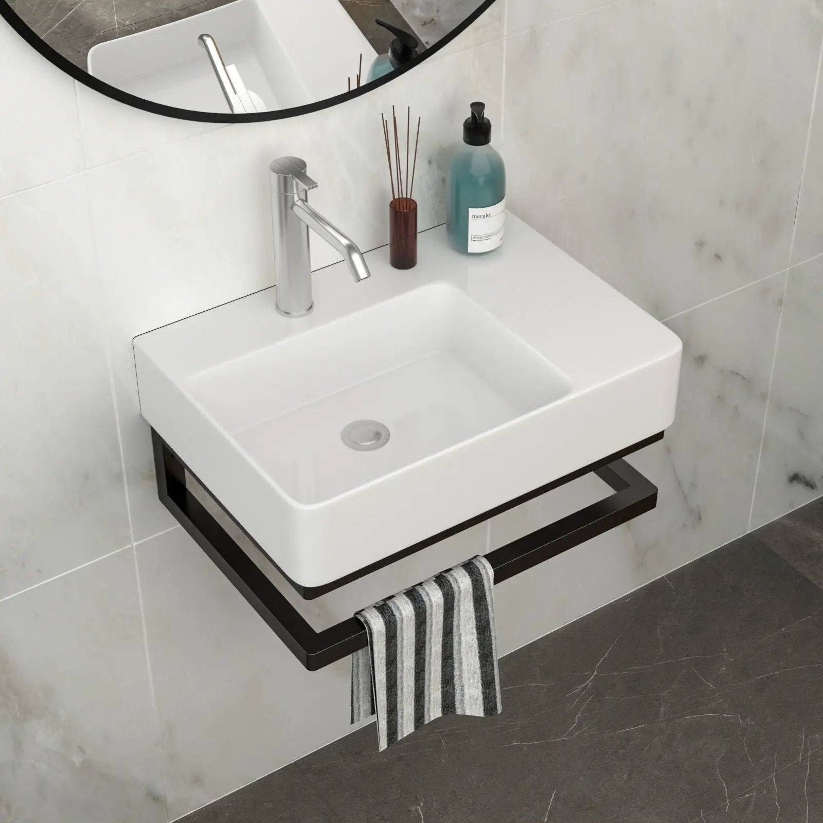 Wall Mounted Rectangular Bathroom Sink With Towel Bar And Faucet Hole - White by Unique Piece Furniture