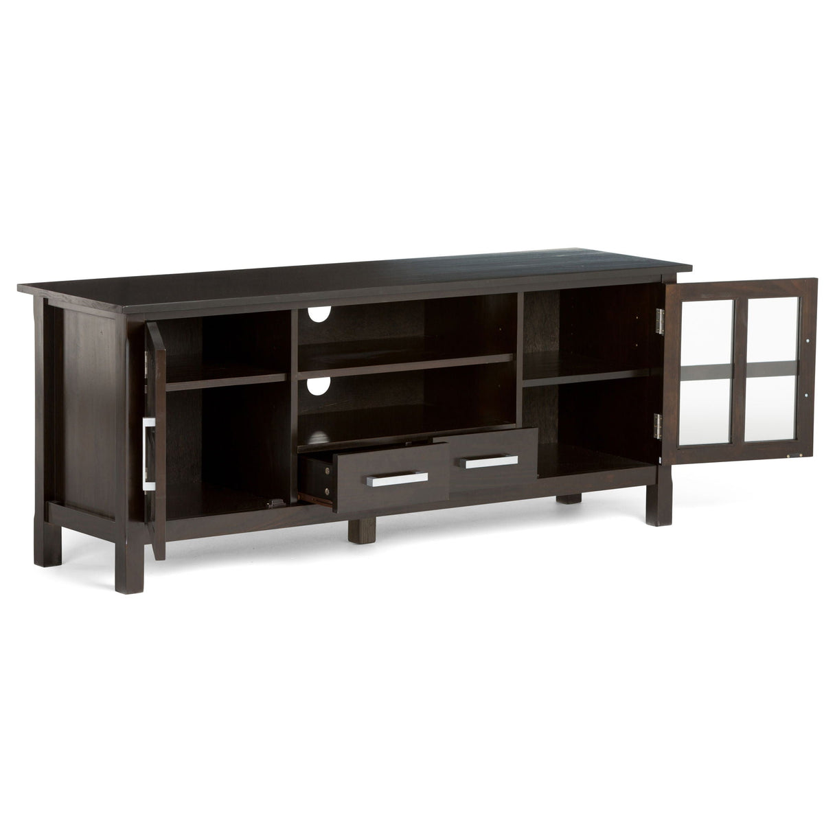 Handcrafted TV Media Stand with Glass Doors and Adjustable Storage - Dark Brown, photo 5 of 10