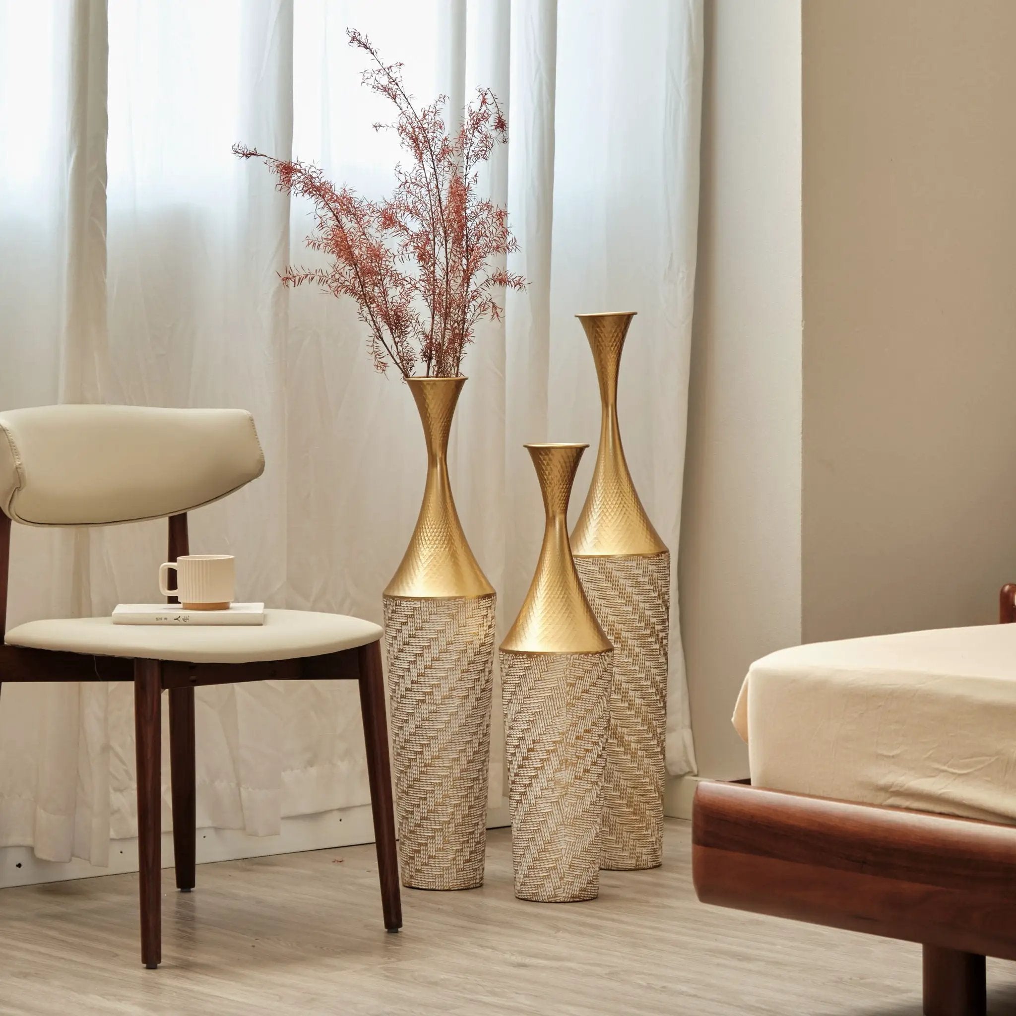 Floor Metal Vase Modern Style Decoration Home Woven Pattern Metal Vase 3 Piece Set Gorgeous Home Decoration Large Glazed Metal Vase - Champagne by HouseOfZazla
