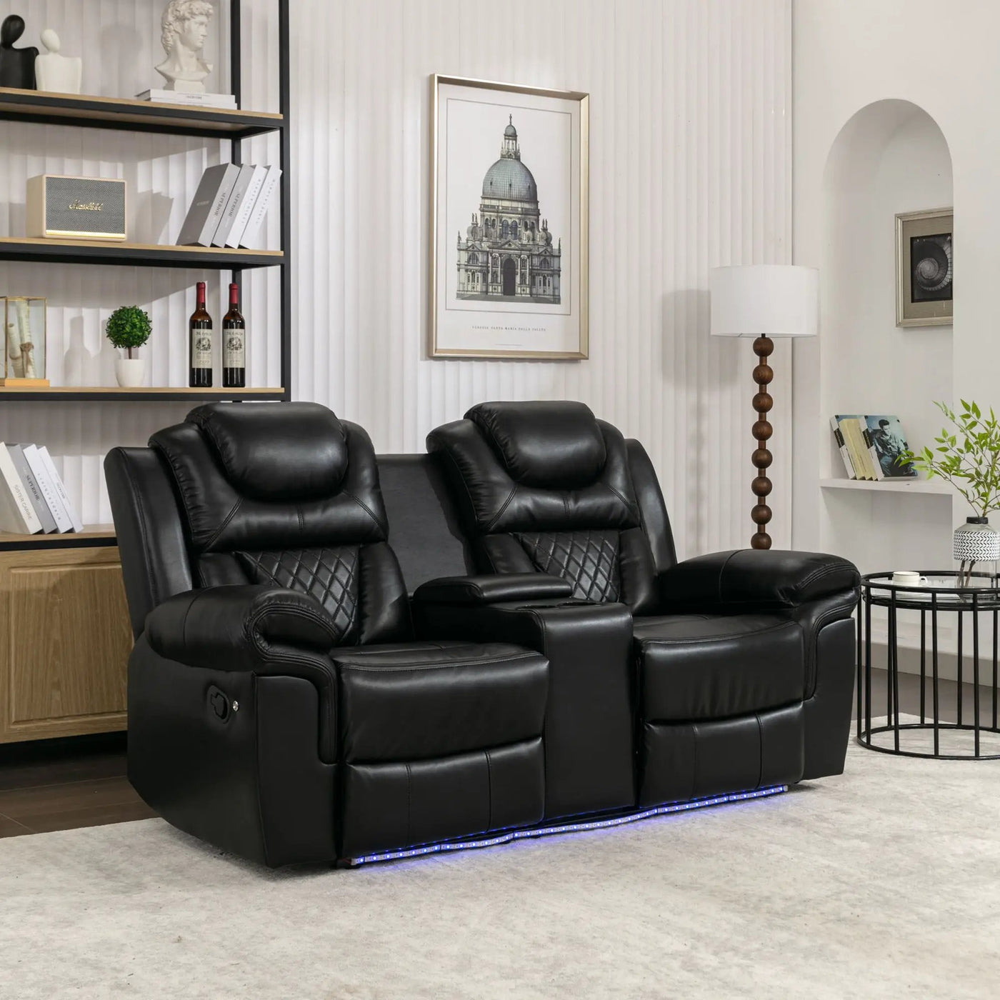 Home Theater Seating Manual Recliner Loveseat With Hide-Away Storage, Cup Holders And Led Light Strip For Living Room by HouseOfZazla
