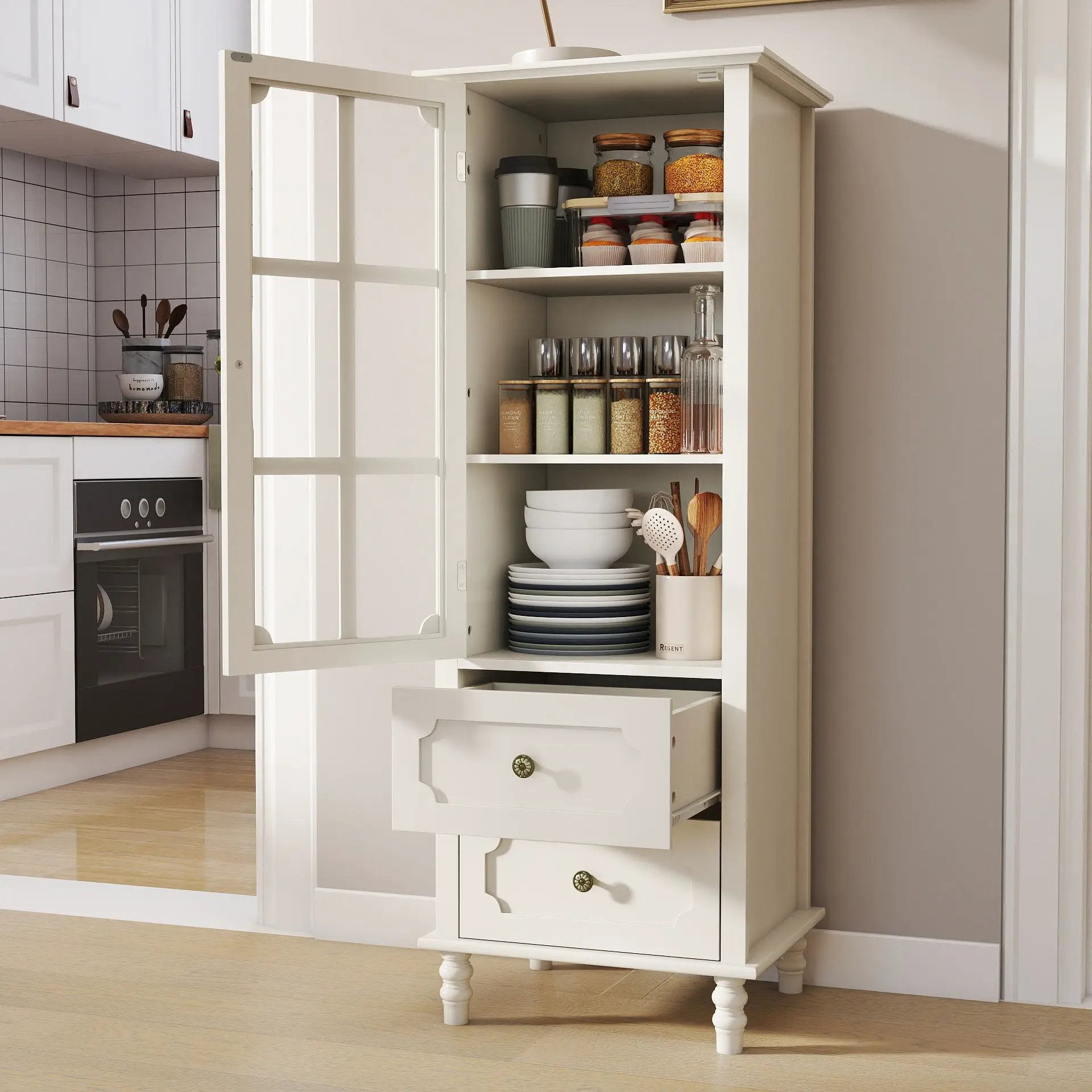 Minimalism Buffet Cabinet With Glass Doors And Double Drawer by HouseOfZazla