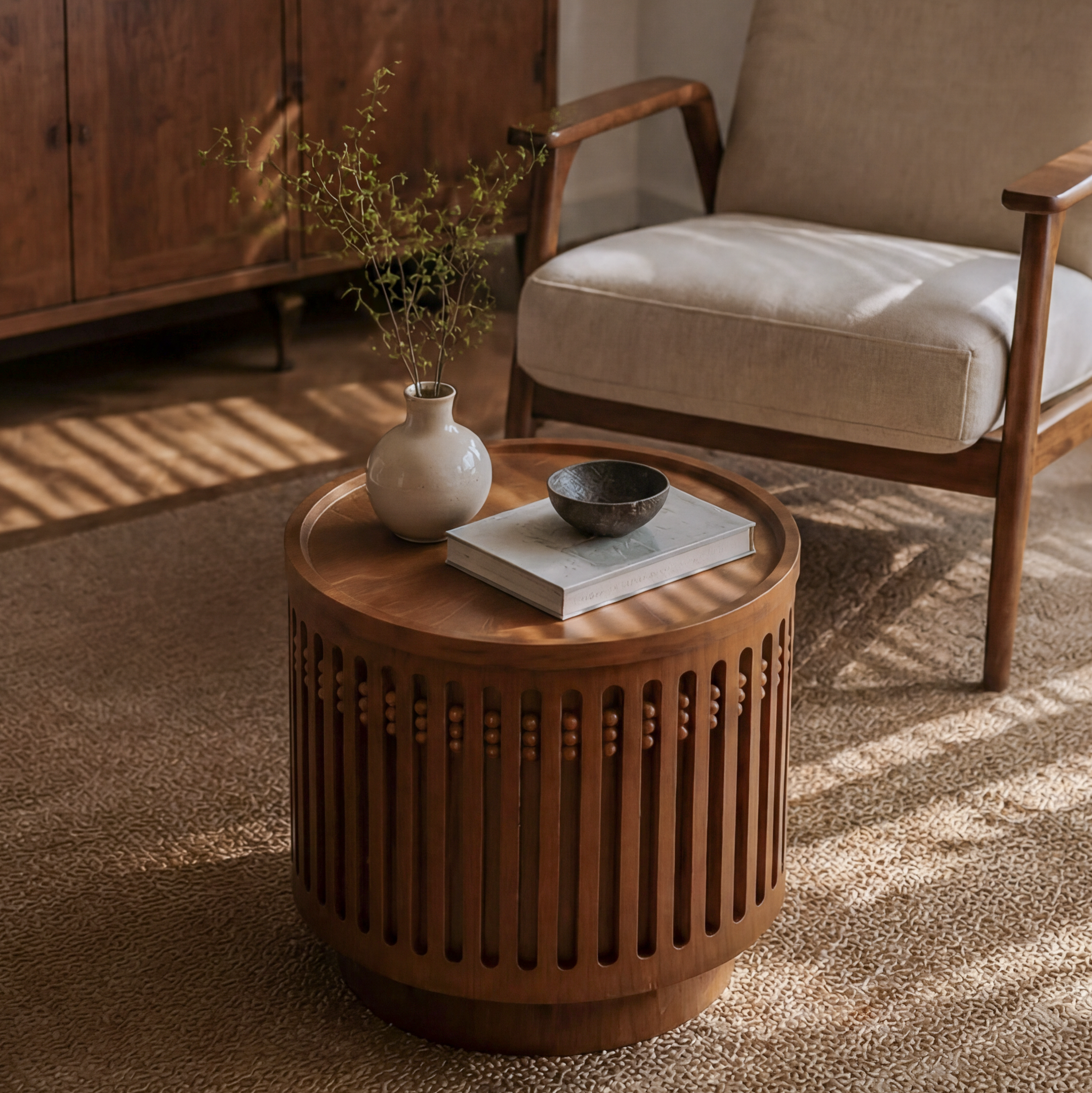18.9" Round Wooden Side Table with Cylinder Lattice Design by HouseOfZazla