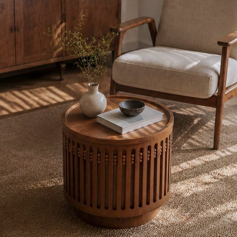 18.9" Round Wooden Side Table with Cylinder Lattice Design by HouseOfZazla