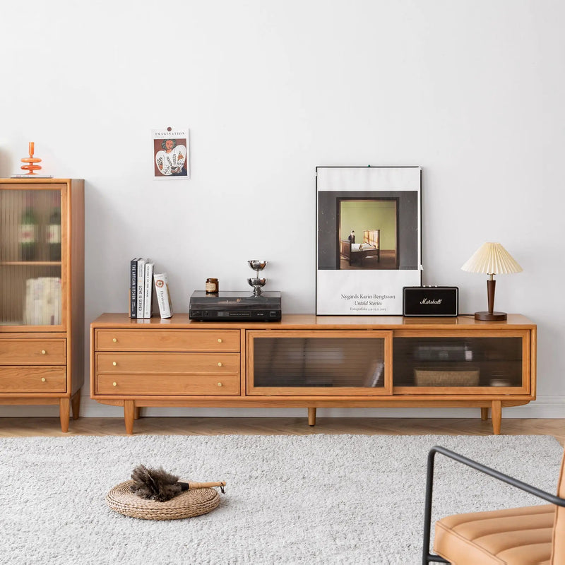 TV Cabinet With Chinese Changhong Glass Doors, Two Drawer Storage Space TV Standing - Cherry by HouseOfZazla