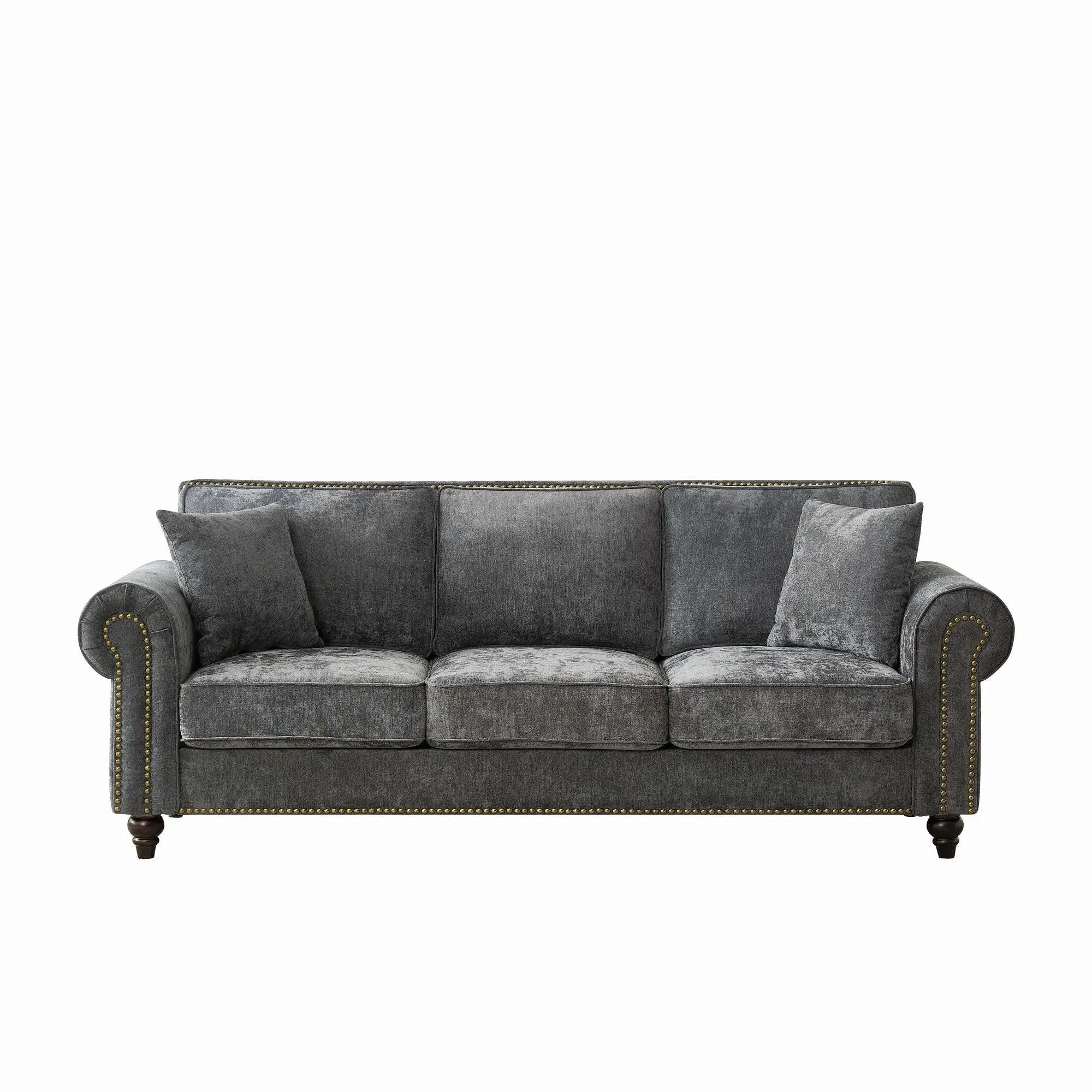 3 Seater Sofa With Tufted Upholstery, Rolled Arms, Nailhead Trim by HouseOfZazla