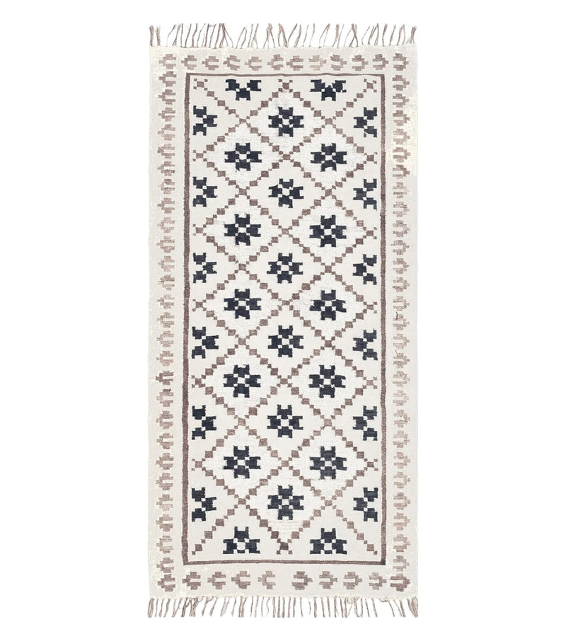 Semi Antique South American Blanket 4x8, Wool Hand-Woven Flatweave Kilim Rug, Handmade Antique Vintage Runner, Ivory & Blue, Diamond Panel by Jewel Rugs