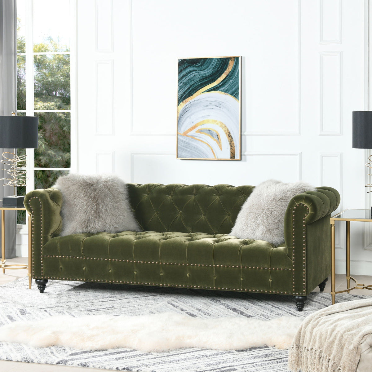 Tufted Chesterfield Sofa with Kiln-Dried Hardwood Frame - Dark Green