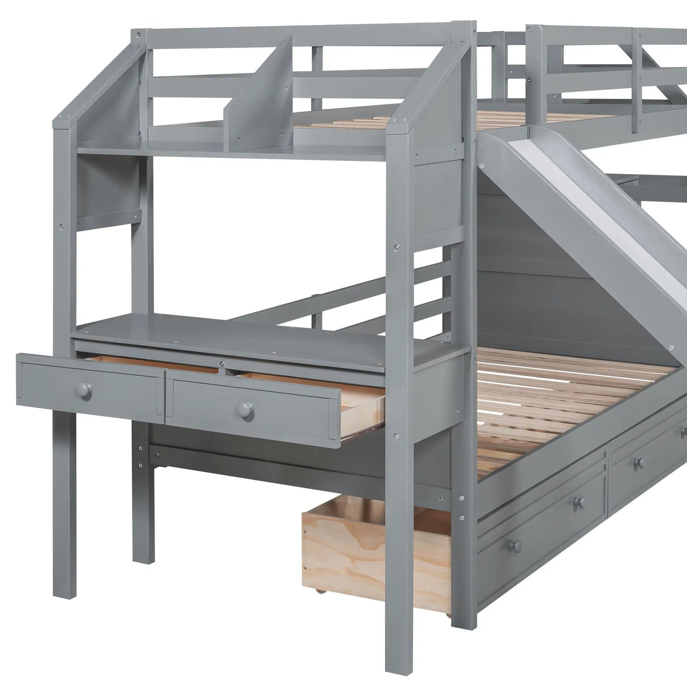 Bunk Bed With Storage Staircase, Slide, Desk, Drawers, And Shelves by HouseOfZazla