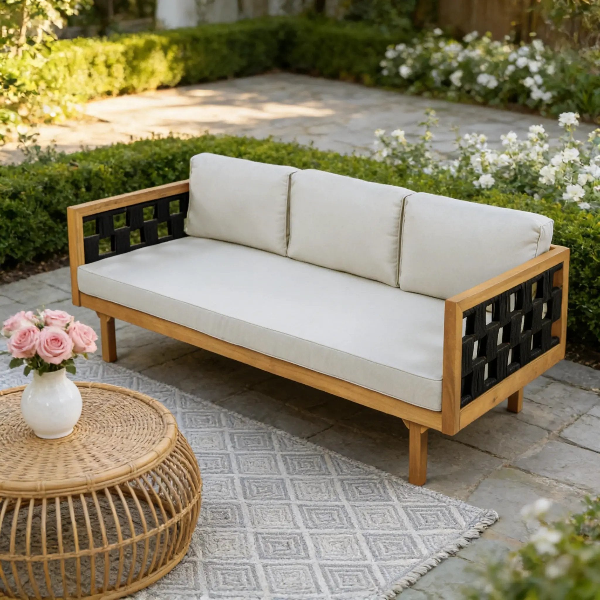 Three-Seater Outdoor Daybed - Acacia Wood Teak Finish Frame by HouseOfZazla