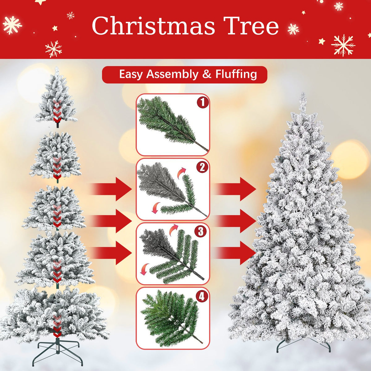 4FT Flocked Christmas Tree with Pine Cones and Snowy PVC Design, photo 11 of 17