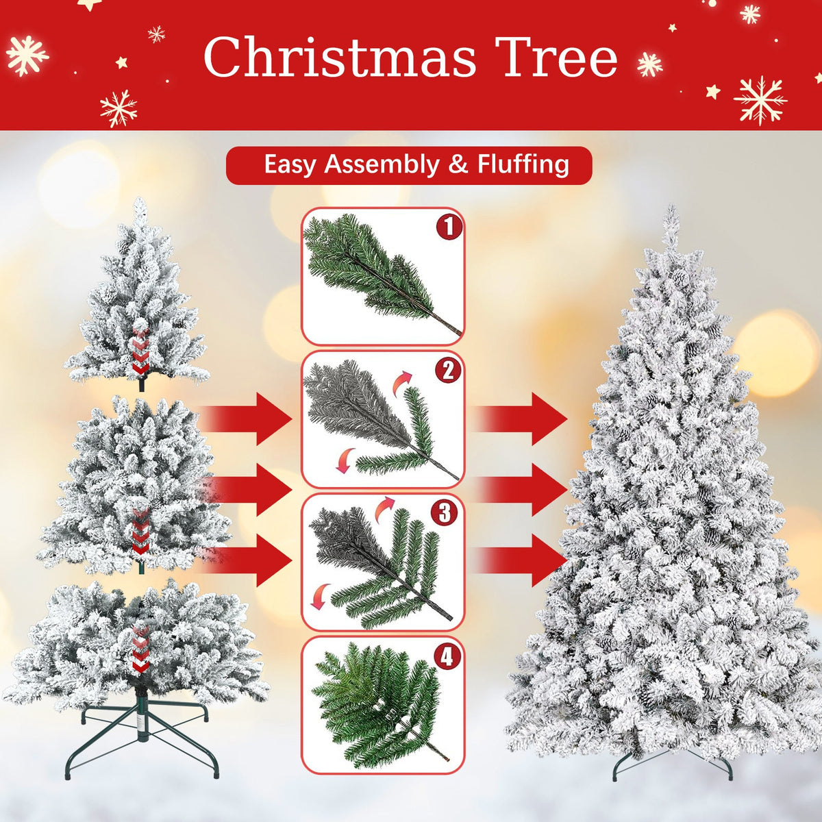 4FT Flocked Christmas Tree with Pine Cones and Snowy PVC Design, photo 9 of 17