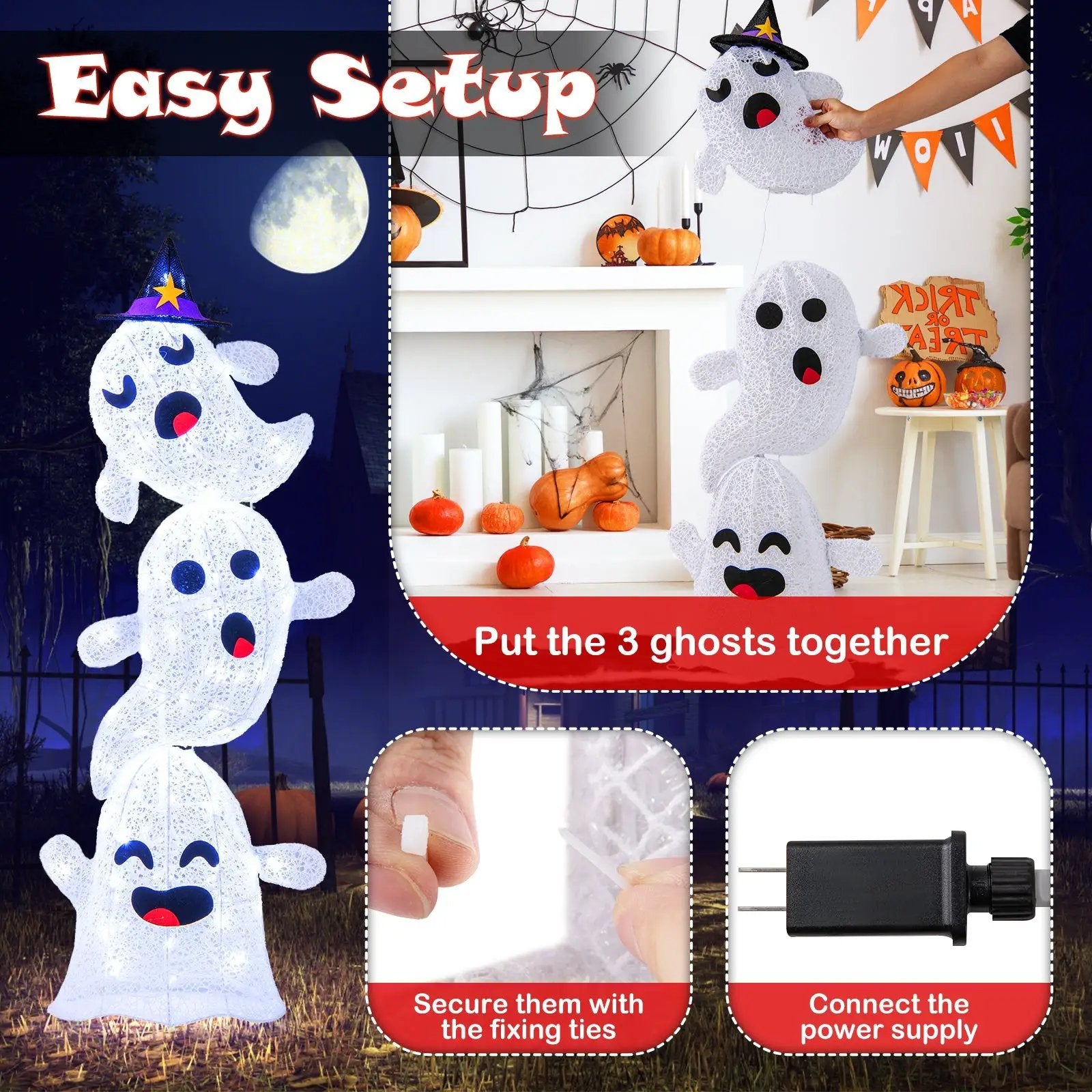 4 FT Lighted Standing Halloween Decoration Stacked Ghosts with 120 LED Lights by DirectDeals