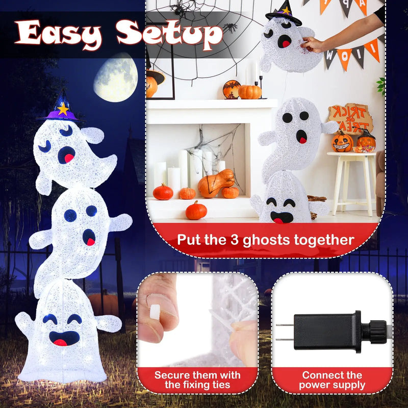 4 FT Lighted Standing Halloween Decoration Stacked Ghosts with 120 LED Lights by DirectDeals