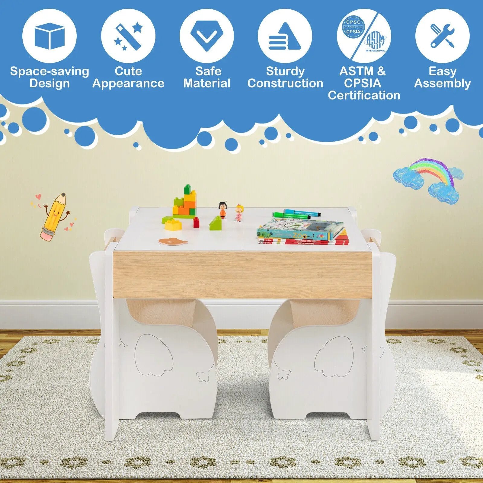 4-in-1 Wooden Activity Kids Table and Chairs with Storage and Detachable Blackboard by DirectDeals