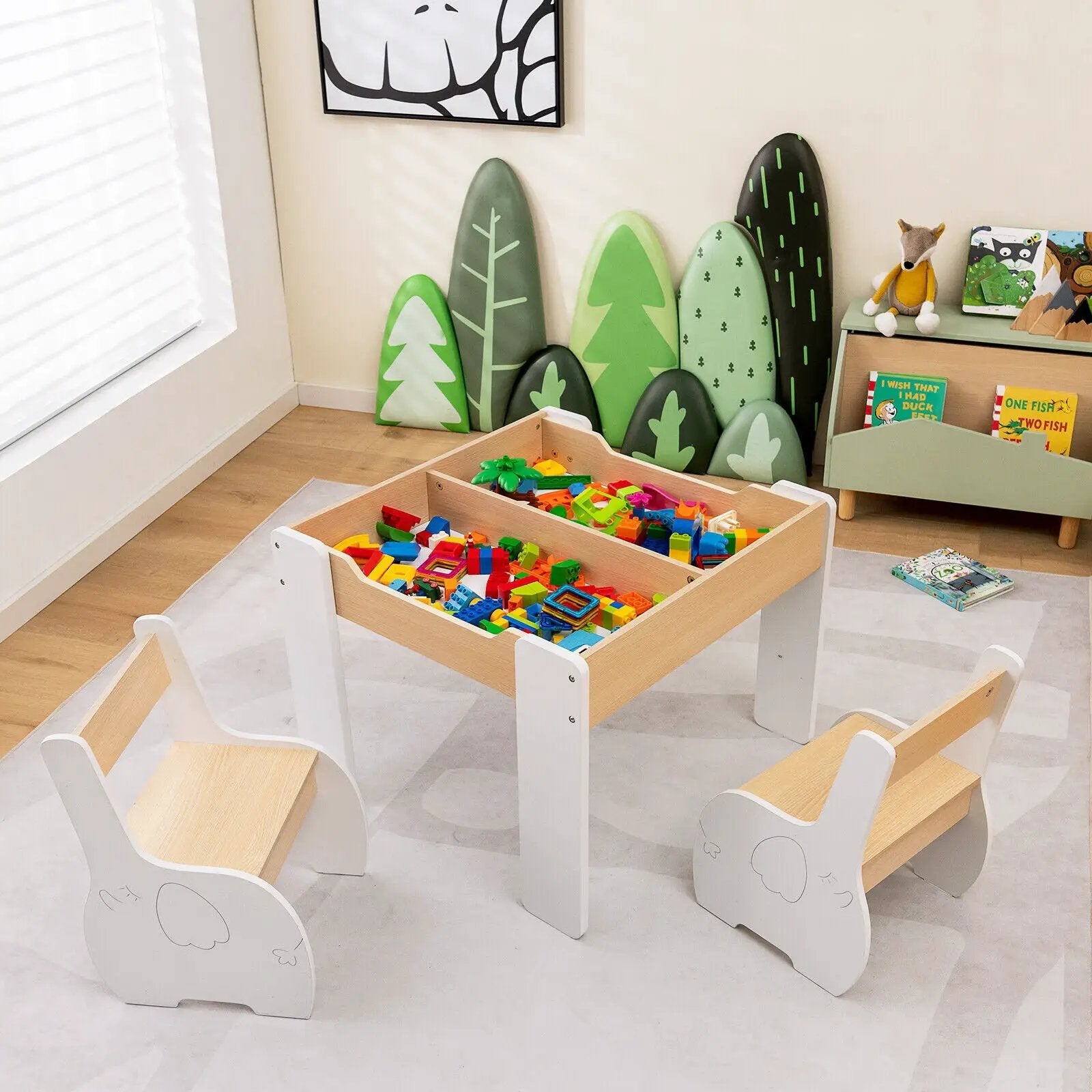 4-in-1 Wooden Activity Kids Table and Chairs with Storage and Detachable Blackboard by DirectDeals