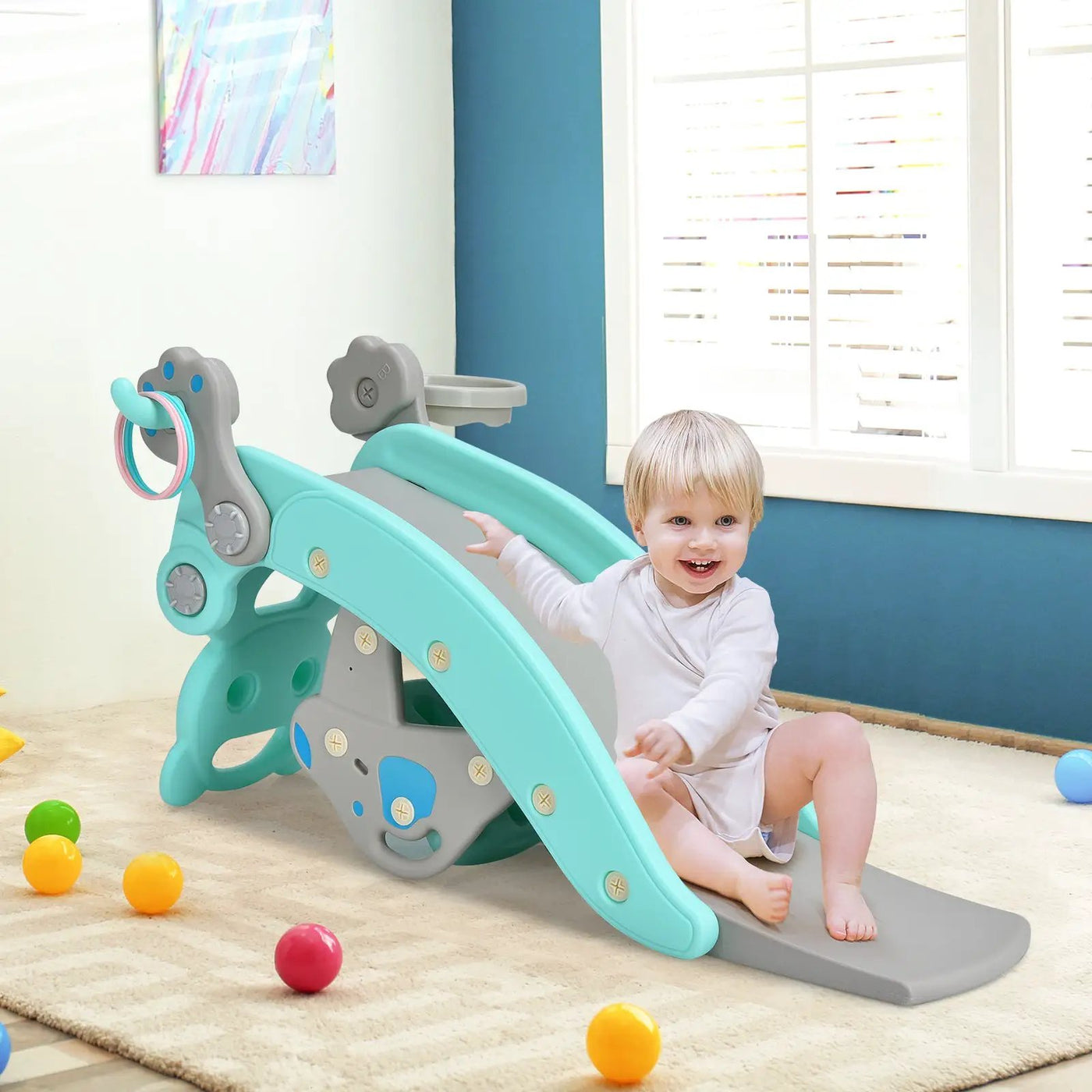 4-in-1 Toddler Slide and Rocking Horse Playset with Basketball Hoop by DirectDeals