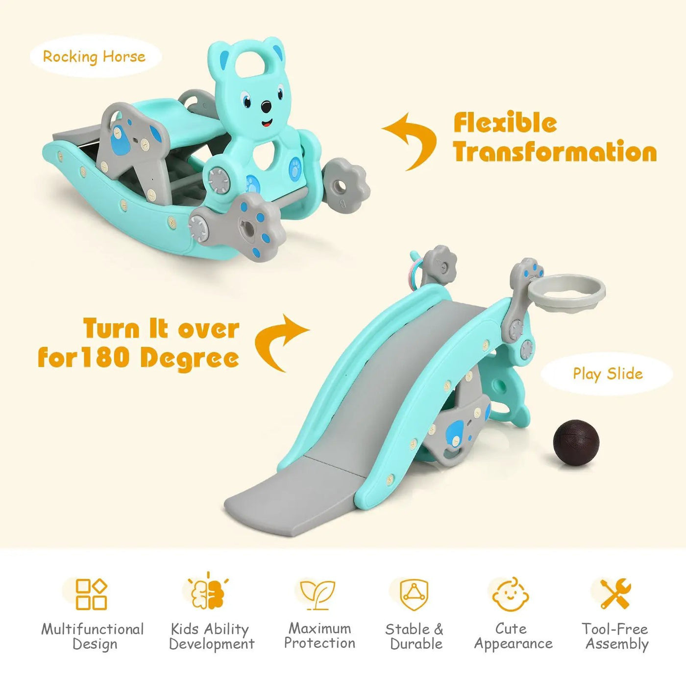 4-in-1 Toddler Slide and Rocking Horse Playset with Basketball Hoop by DirectDeals