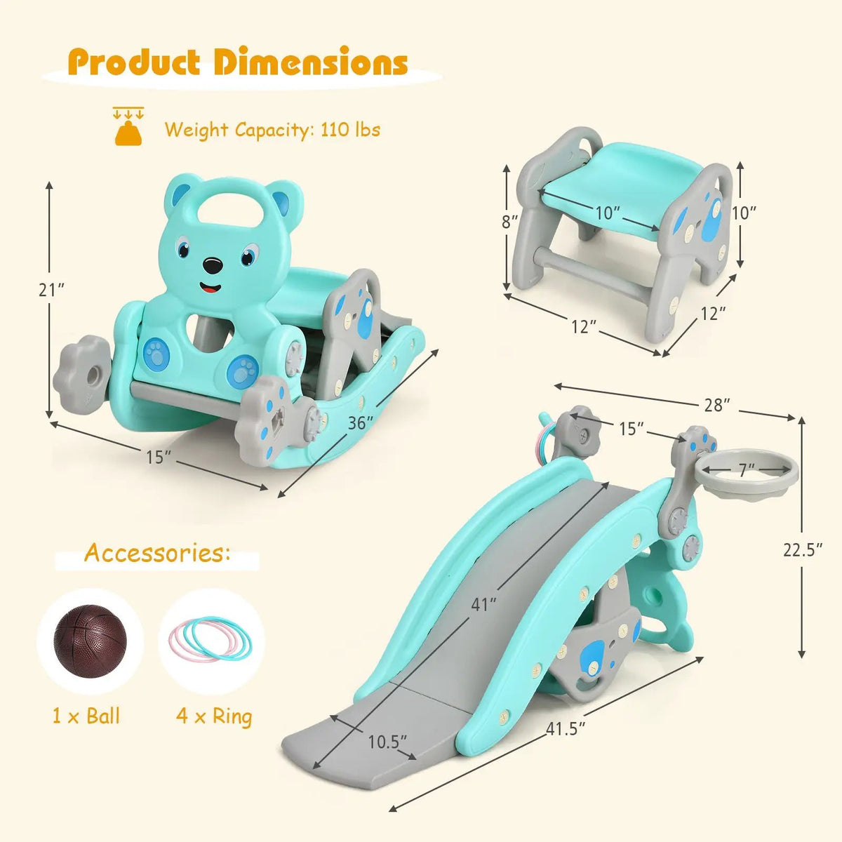 4-in-1 Toddler Slide and Rocking Horse Playset with Basketball Hoop by DirectDeals