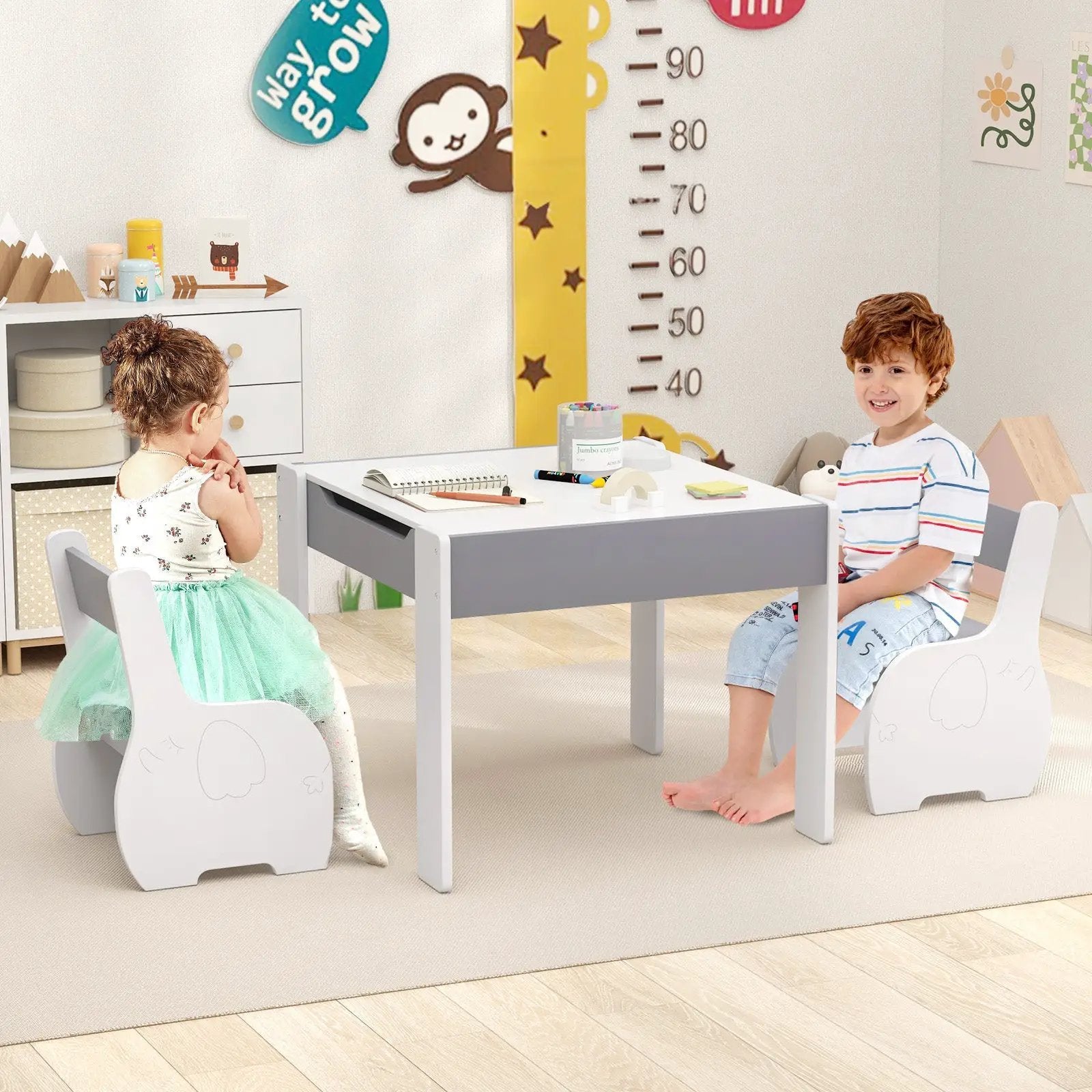 4-in-1 Wooden Activity Kids Table and Chairs with Storage and Detachable Blackboard by DirectDeals