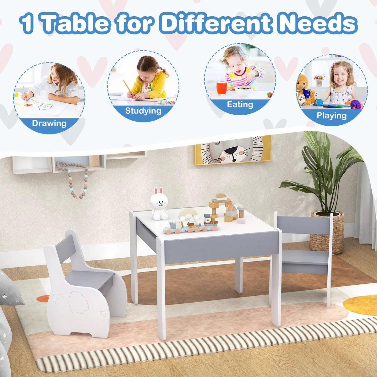 4-in-1 Wooden Activity Kids Table and Chairs with Storage and Detachable Blackboard by DirectDeals
