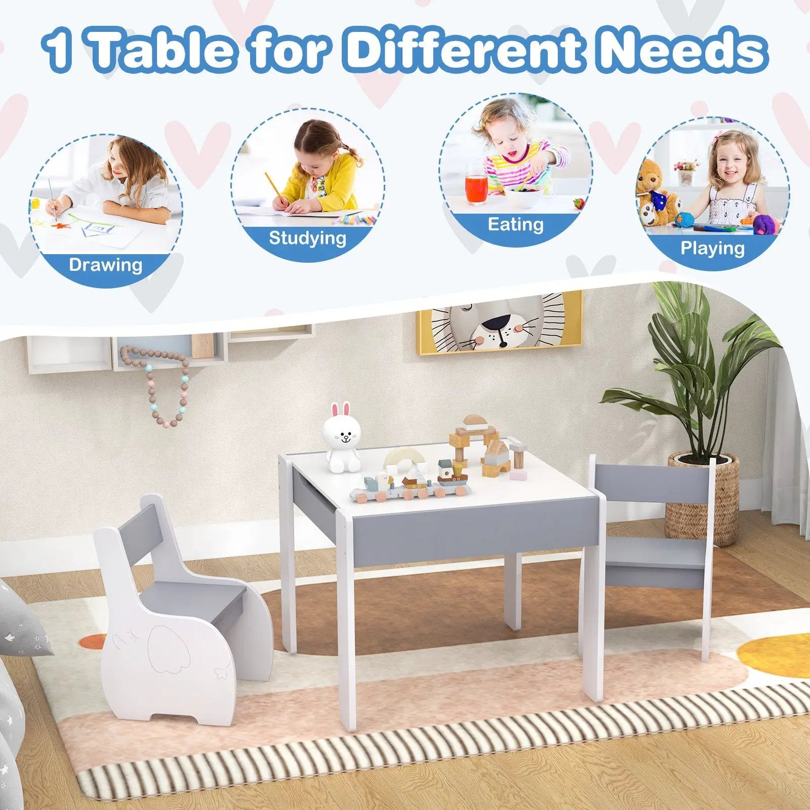 4-in-1 Wooden Activity Kids Table and Chairs with Storage and Detachable Blackboard by DirectDeals