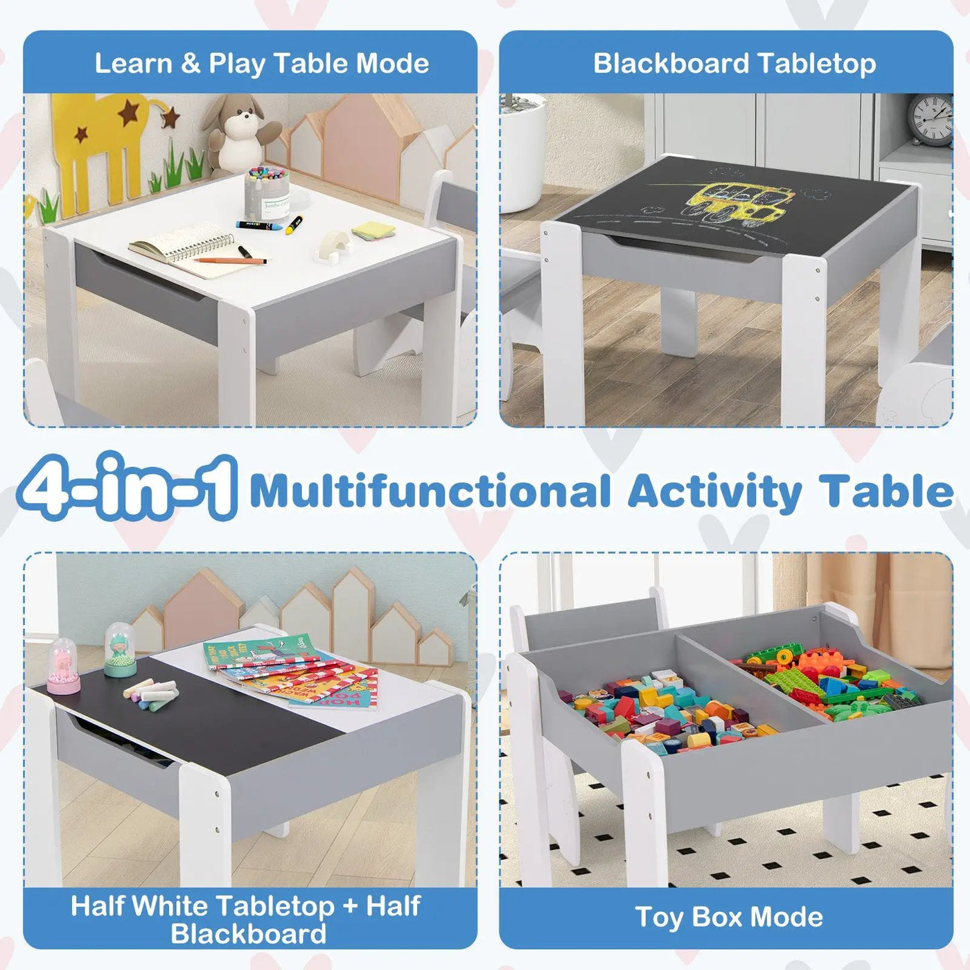 4-in-1 Wooden Activity Kids Table and Chairs with Storage and Detachable Blackboard by DirectDeals