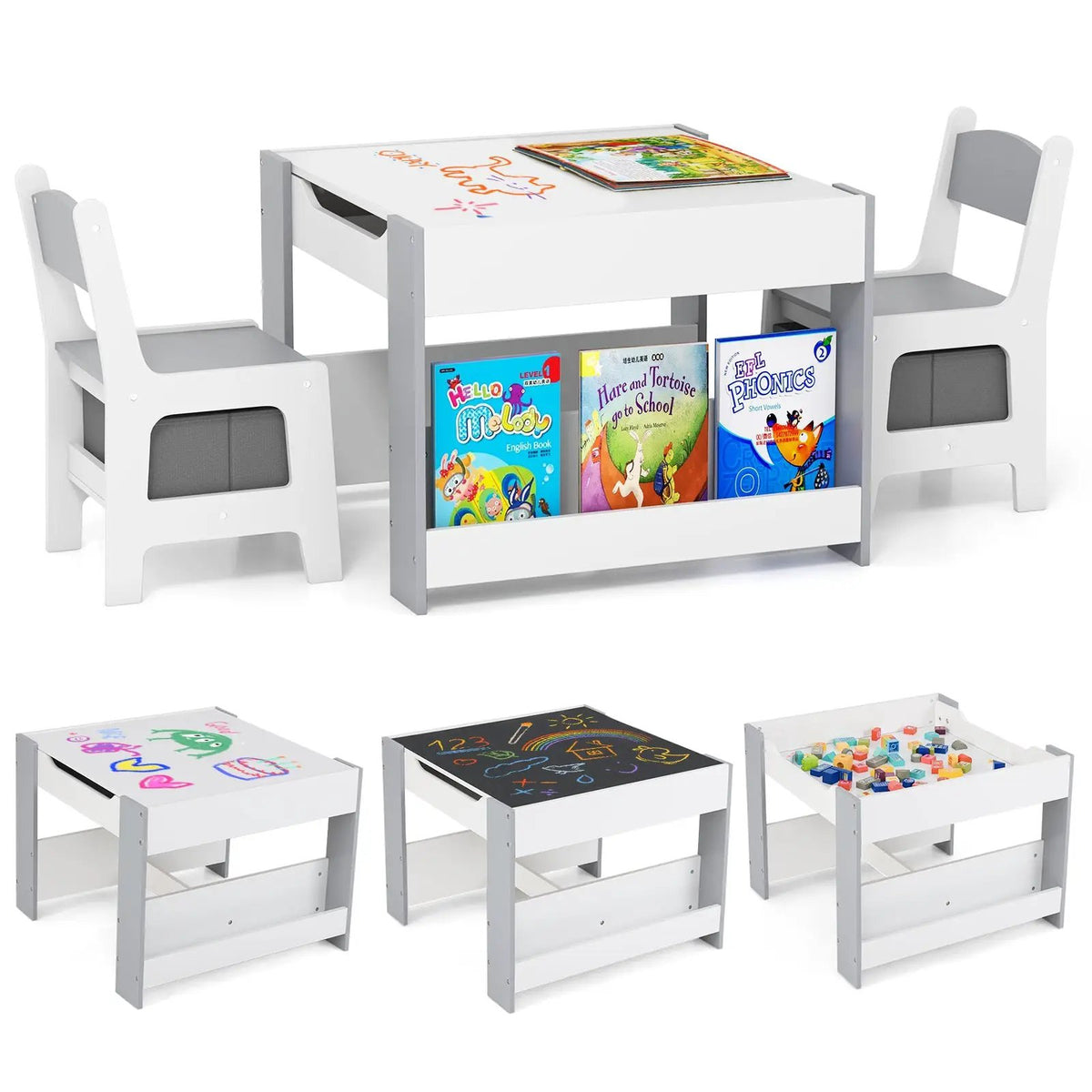 4 in 1 Kids Toddler Activity Table and Chairs Set with Reversible Tabletop by DirectDeals