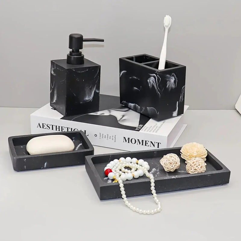 4pcs Bathroom Set: Soap Dispenser, Toothbrush Holder, Soap Dish, Storage Tray – Black Design, Suitable for All Bath Styles to Create a Cozy Home Decor Experience Year-Round by House Of Avana