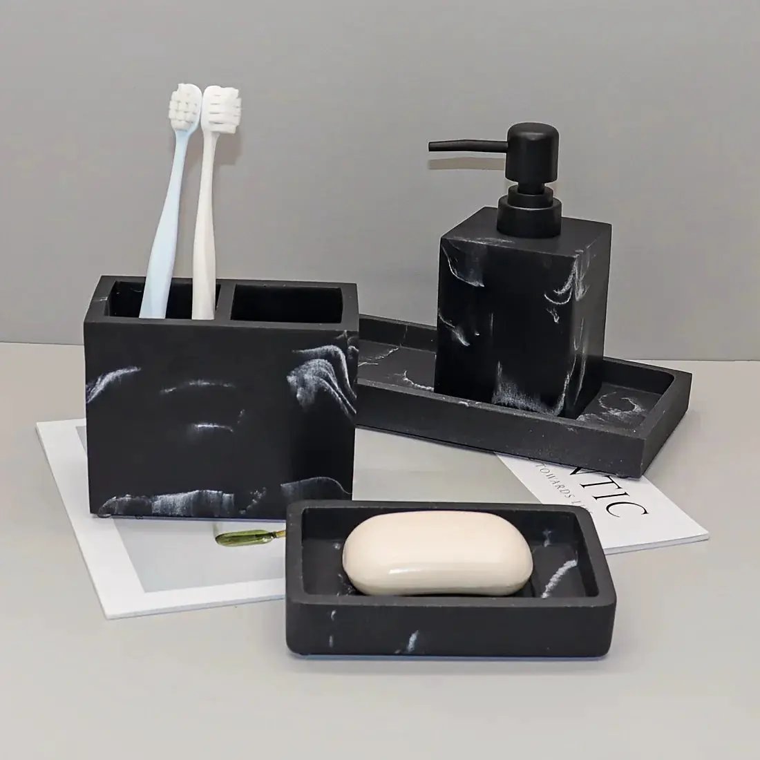 4pcs Bathroom Set: Soap Dispenser, Toothbrush Holder, Soap Dish, Storage Tray – Black Design, Suitable for All Bath Styles to Create a Cozy Home Decor Experience Year-Round by House Of Avana