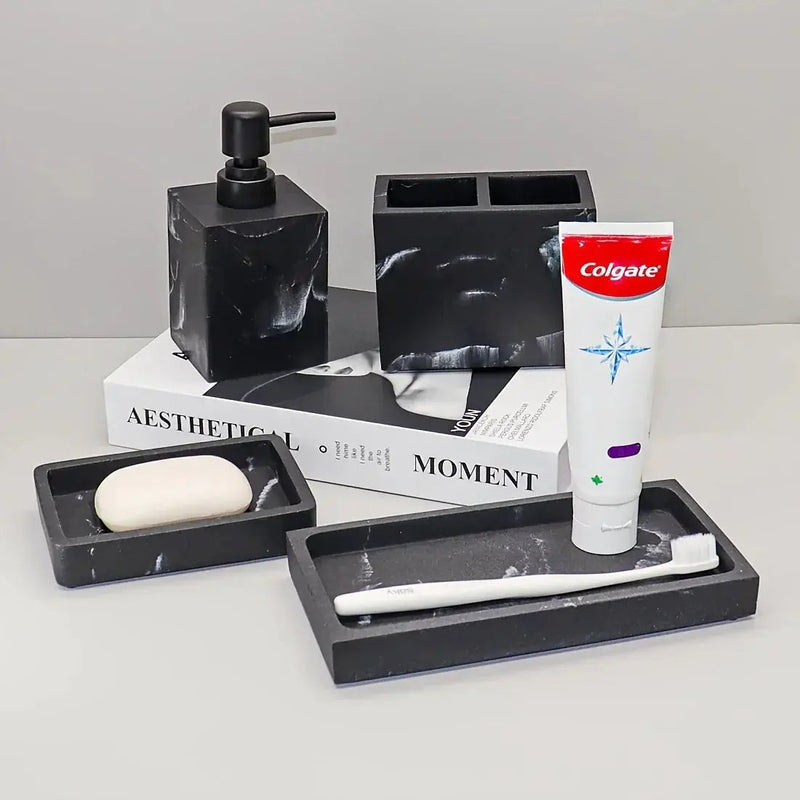 4pcs Bathroom Set: Soap Dispenser, Toothbrush Holder, Soap Dish, Storage Tray – Black Design, Suitable for All Bath Styles to Create a Cozy Home Decor Experience Year-Round by House Of Avana