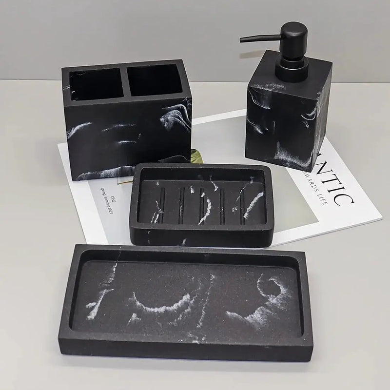 4pcs Bathroom Set: Soap Dispenser, Toothbrush Holder, Soap Dish, Storage Tray – Black Design, Suitable for All Bath Styles to Create a Cozy Home Decor Experience Year-Round by House Of Avana