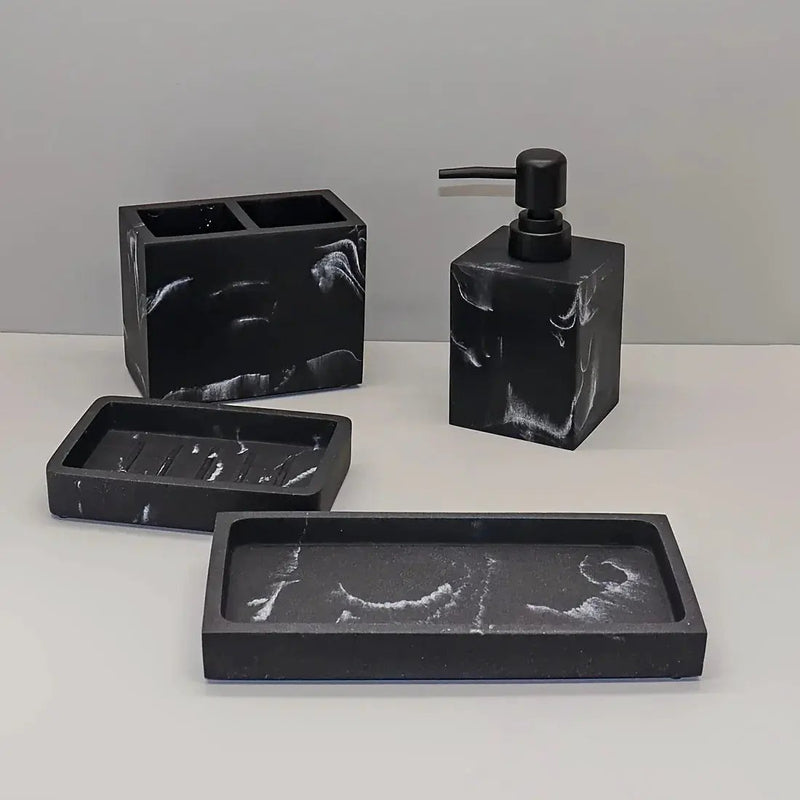 4pcs Bathroom Set: Soap Dispenser, Toothbrush Holder, Soap Dish, Storage Tray – Black Design, Suitable for All Bath Styles to Create a Cozy Home Decor Experience Year-Round by House Of Avana